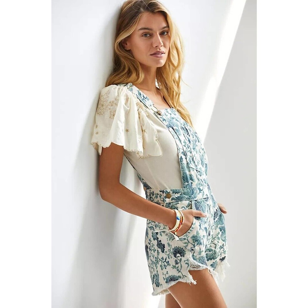 NWT Anthropologie Pilcro Cutoff Overalls Size 29 $140 Ivory Floral